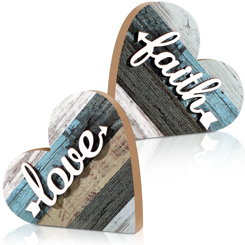 Jetec 2 Pcs Rustic Table Decorations for Living Room Home Farmhouse Table Centerpieces Small Love Wooden Heart Decor for Dining Room Shelf Housewarming Gifts New House Decoration(Love Style) - Image 1