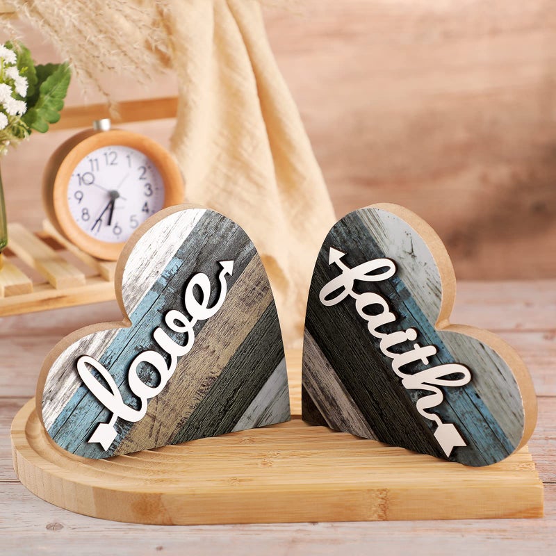 Jetec 2 Pcs Rustic Table Decorations for Living Room Home Farmhouse Table Centerpieces Small Love Wooden Heart Decor for Dining Room Shelf Housewarming Gifts New House Decoration(Love Style) - Image 3