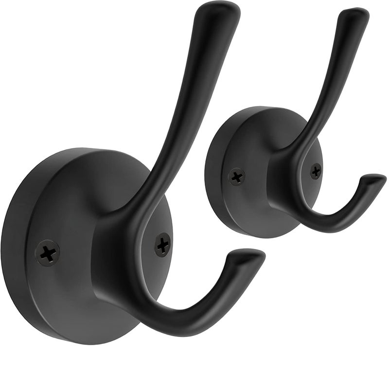 TOFIIGREM Black Towel Hooks 2 Pack Coat Robe Hook Heavy Duty Metal Double Bathrobe Hook Wall Mounted Hand Towels Hooks for Cubicle Bathroom Kitchen Closet Garage