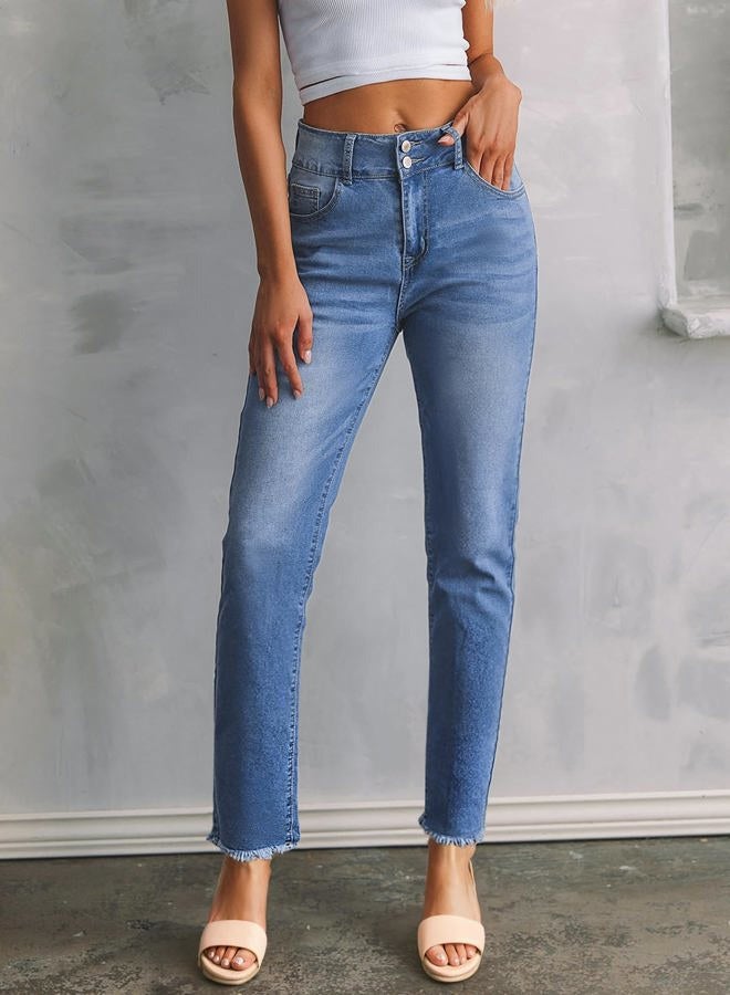 Sidefeel Womens High Waisted Jeans Raw Hem Straight Leg Denim Pants Size 6 Mist Blue - Image 5