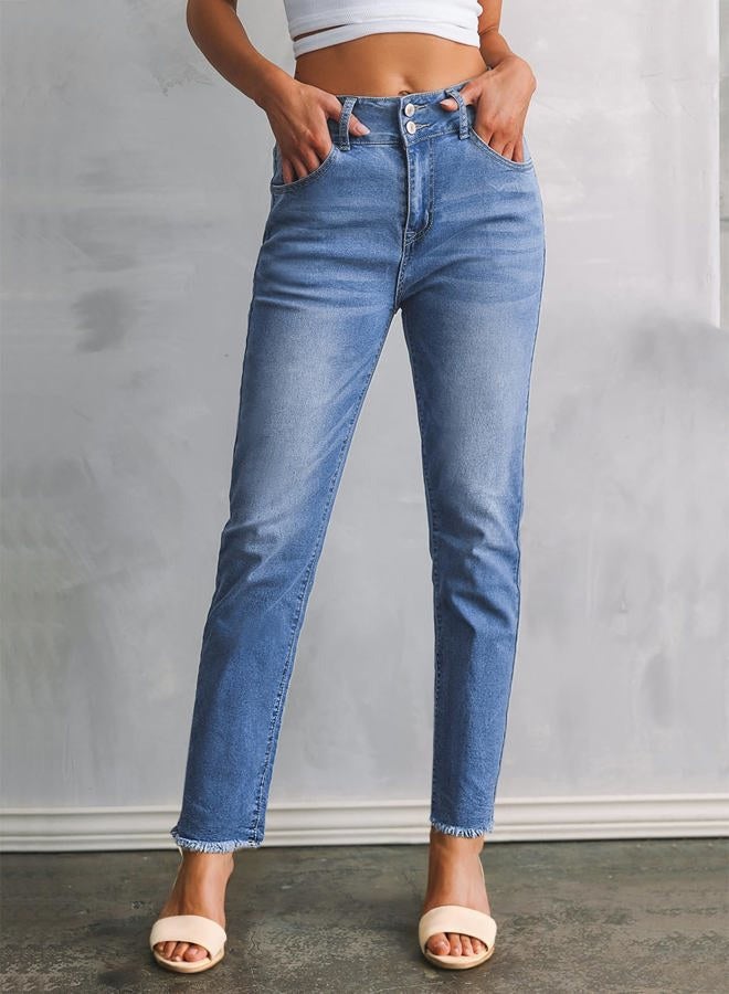 Sidefeel Womens High Waisted Jeans Raw Hem Straight Leg Denim Pants Size 6 Mist Blue - Image 3