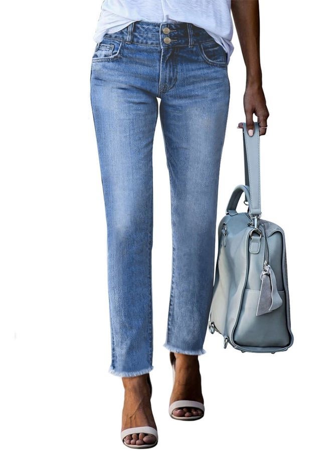 Sidefeel Womens High Waisted Jeans Raw Hem Straight Leg Denim Pants Size 6 Mist Blue - Image 1