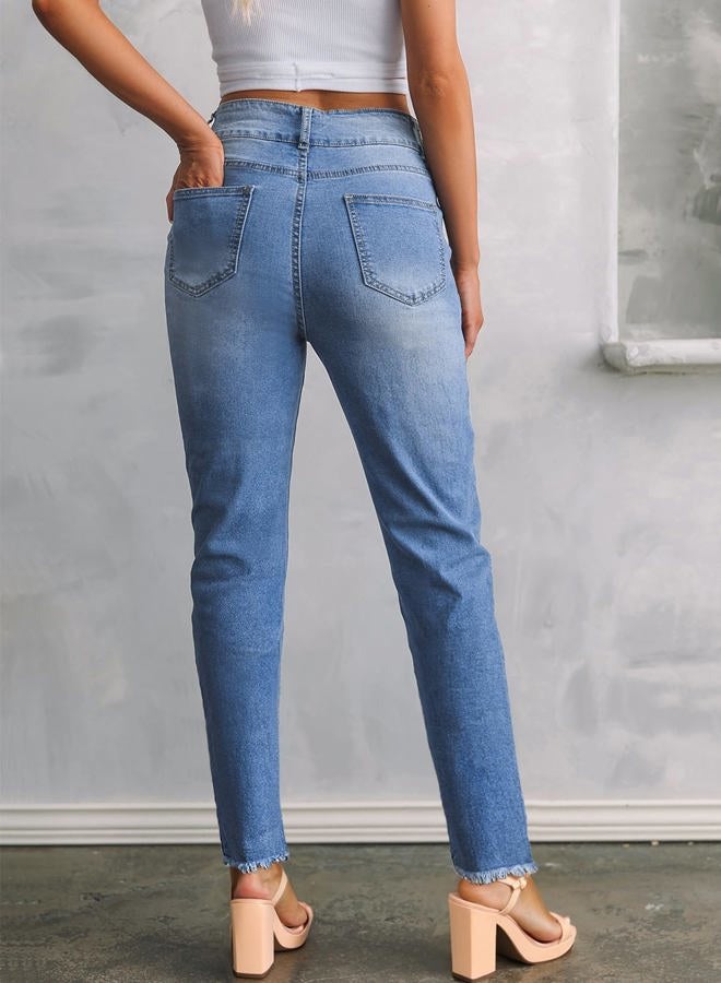 Sidefeel Womens High Waisted Jeans Raw Hem Straight Leg Denim Pants Size 6 Mist Blue - Image 2
