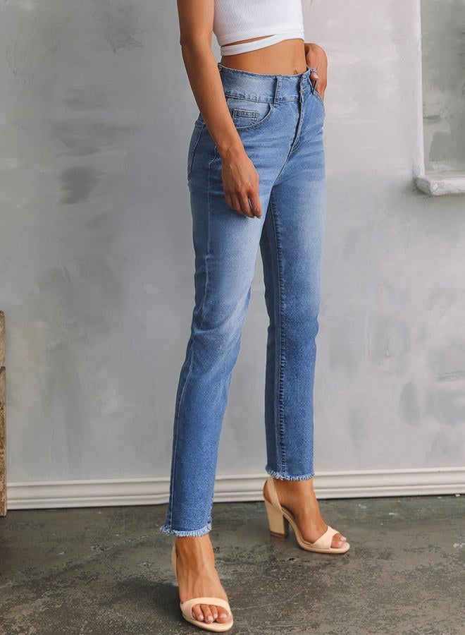Sidefeel Womens High Waisted Jeans Raw Hem Straight Leg Denim Pants Size 6 Mist Blue - Image 4