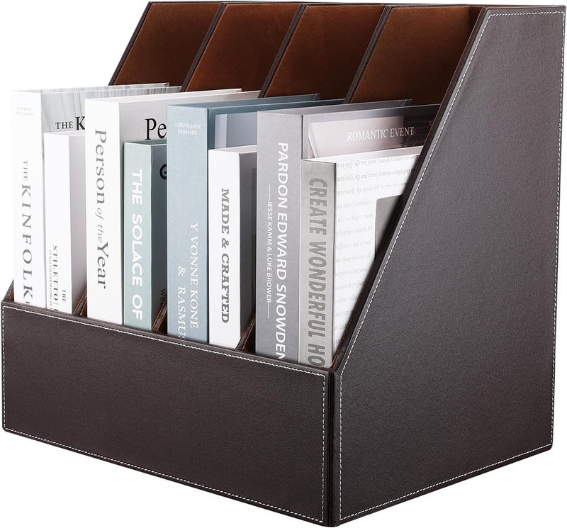 KINGFOM 4-Slot Wood Leather Document Files Holder Rack Stand Desk Files Organizer Papers Collection Cabinet (4 slot brown) - Image 1
