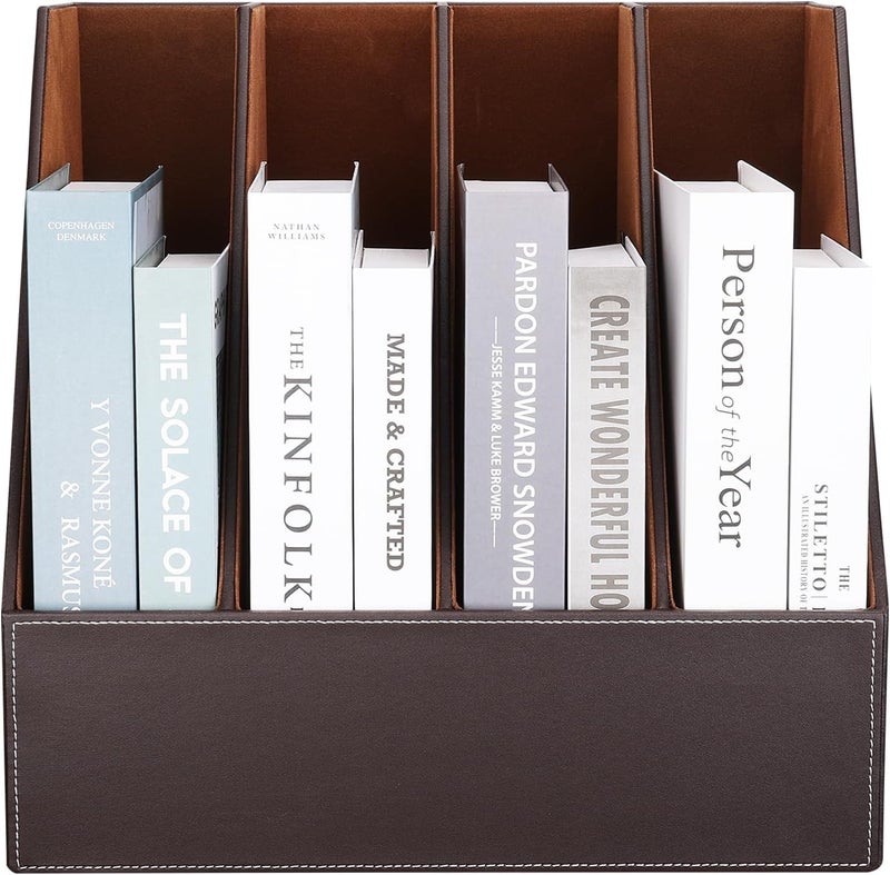 KINGFOM 4-Slot Wood Leather Document Files Holder Rack Stand Desk Files Organizer Papers Collection Cabinet (4 slot brown) - Image 5