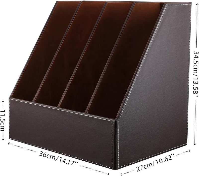 KINGFOM 4-Slot Wood Leather Document Files Holder Rack Stand Desk Files Organizer Papers Collection Cabinet (4 slot brown) - Image 3
