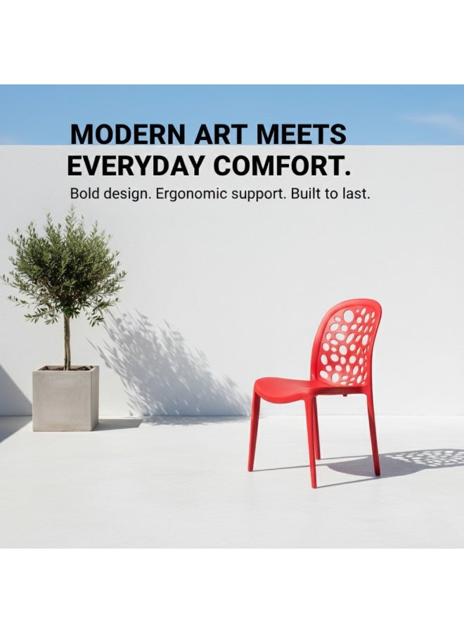 زد إتش للأثاث كرسي طعام حديث من ZH FURNITURE باللون الأحمر، قابل للتكديس للاستخدام الداخلي والخارجي، مقاوم للماء والأشعة فوق البنفسجية مصنوع من البولي بروبيلين، مناسب للشرفات والحدائق والمطابخ والمقاهي، ولا يتطلب تجميعًا. - Image 2