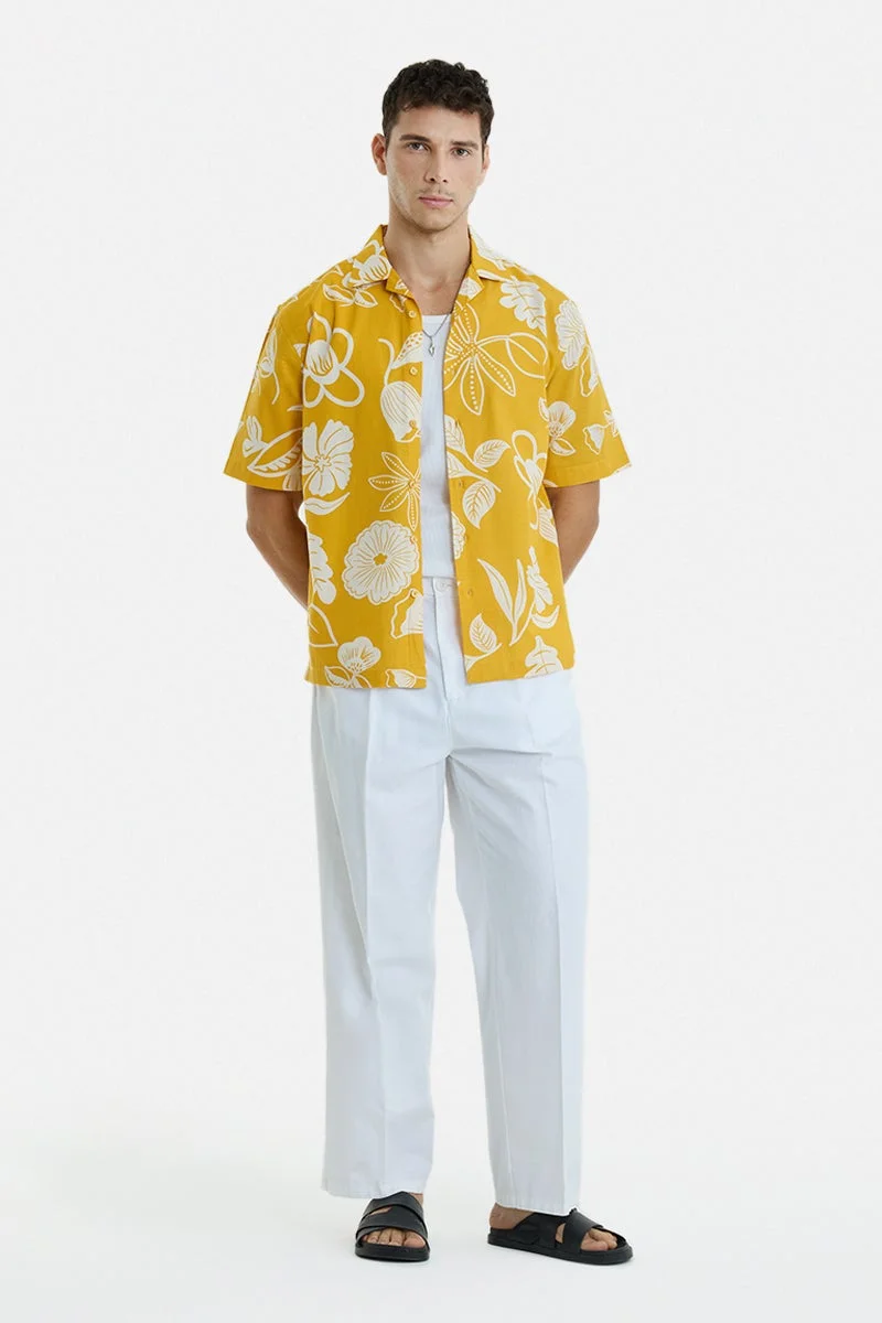 سنيتش Mustard Floral Half Sleeve Boxy Vacation Shirt