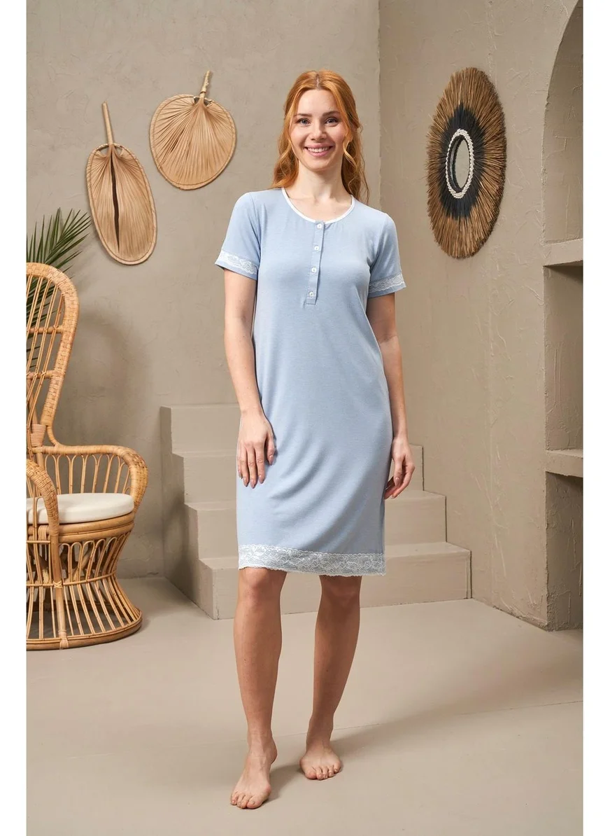 Pjs 25128 Women's Lace Detailed Short Sleeve Buttoned Nightgown