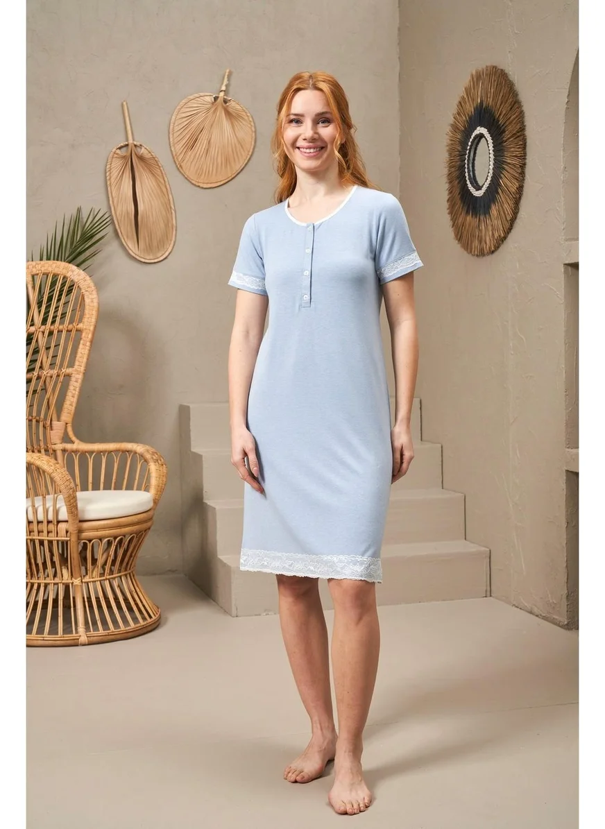 Pjs 25128 Women's Lace Detailed Short Sleeve Buttoned Nightgown