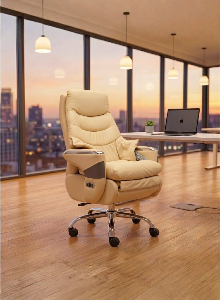 Karnak Malaya Executive Electric Boss Chair | Comfortable Leather Ergonomic Office Recliner with Swivel Rolling Adjustable Headrest, Footrest and Lumbar Support for Office(Beige) - Image 1