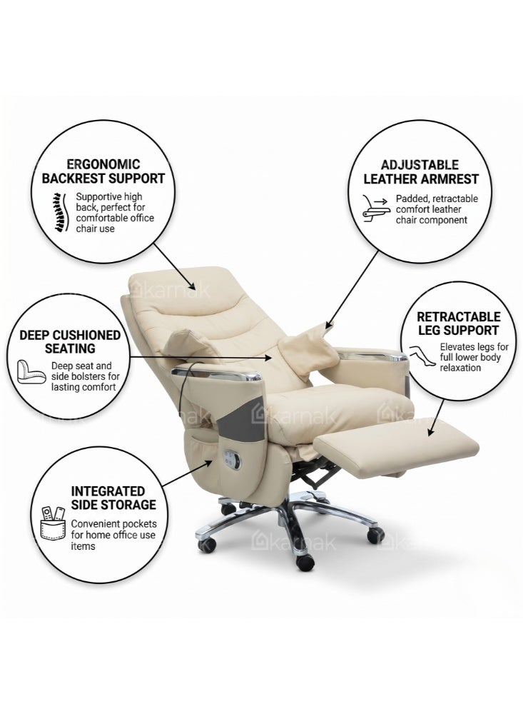 Karnak Malaya Executive Electric Boss Chair | Comfortable Leather Ergonomic Office Recliner with Swivel Rolling Adjustable Headrest, Footrest and Lumbar Support for Office(Beige) - Image 3