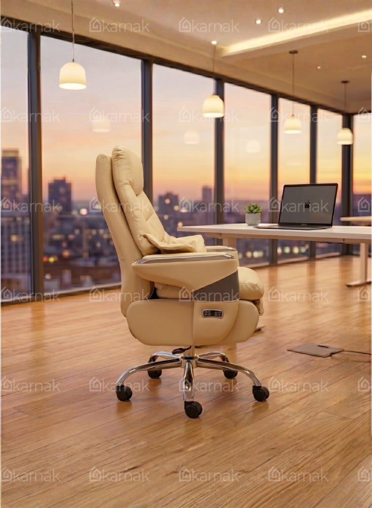 Karnak Malaya Executive Electric Boss Chair | Comfortable Leather Ergonomic Office Recliner with Swivel Rolling Adjustable Headrest, Footrest and Lumbar Support for Office(Beige) - Image 4