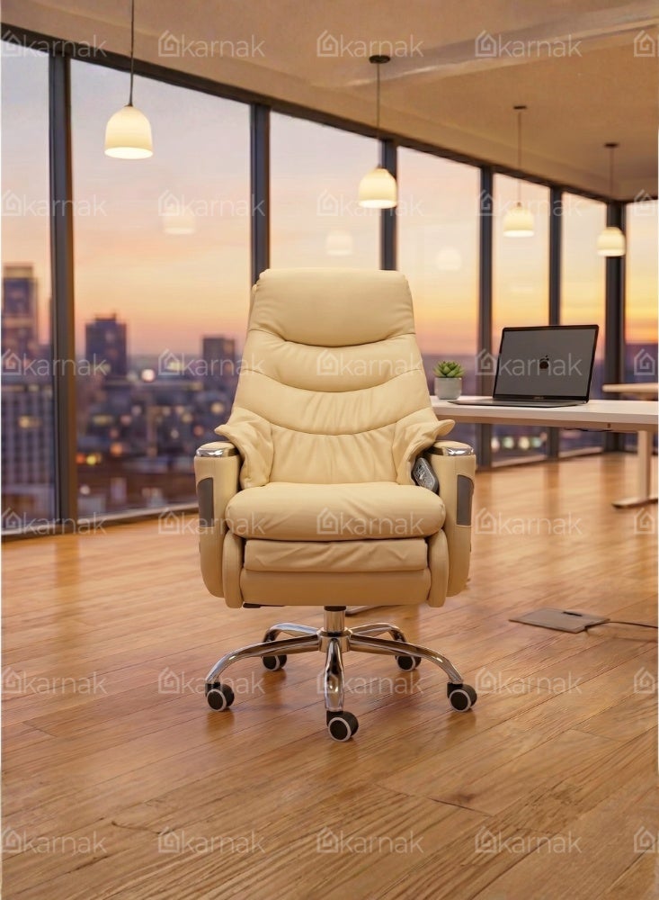 Karnak Malaya Executive Electric Boss Chair | Comfortable Leather Ergonomic Office Recliner with Swivel Rolling Adjustable Headrest, Footrest and Lumbar Support for Office(Beige) - Image 5