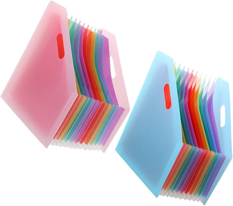 2pcs A4 Large Capacity Diagonal Standing Accordion File Folder, Plastic Expanding Document Organizer with Pink and Blue Covers for Office and Home Filing - Image 1