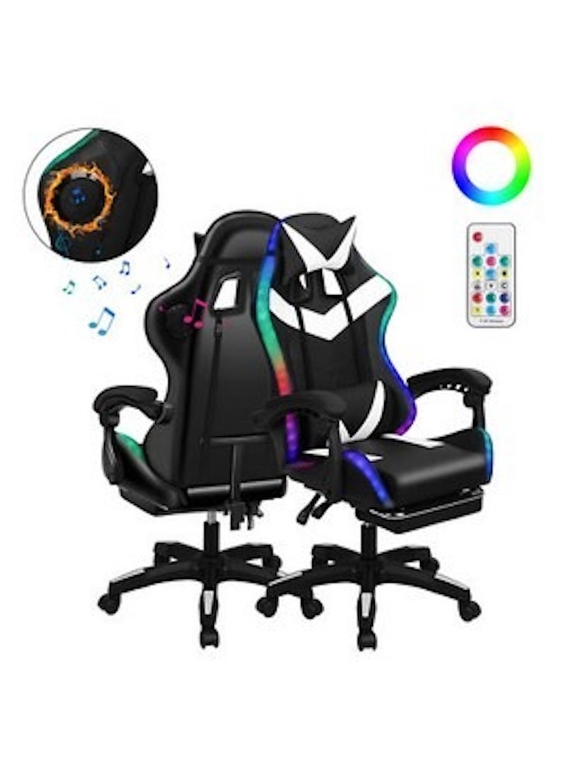 Huitich Ergonomic Gaming Chair with Footrest, 7-Point Massage, and LED Lights – Bluetooth Black and White - Image 2