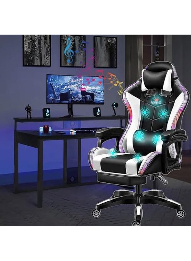 Huitich Ergonomic Gaming Chair with Footrest, 7-Point Massage, and LED Lights – Bluetooth Black and White - Image 3