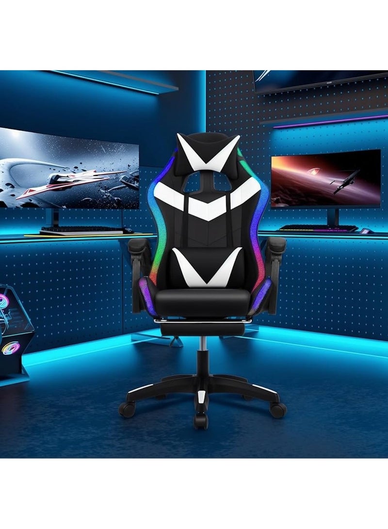 Huitich Ergonomic Gaming Chair with Footrest, 7-Point Massage, and LED Lights – Bluetooth Black and White - Image 4