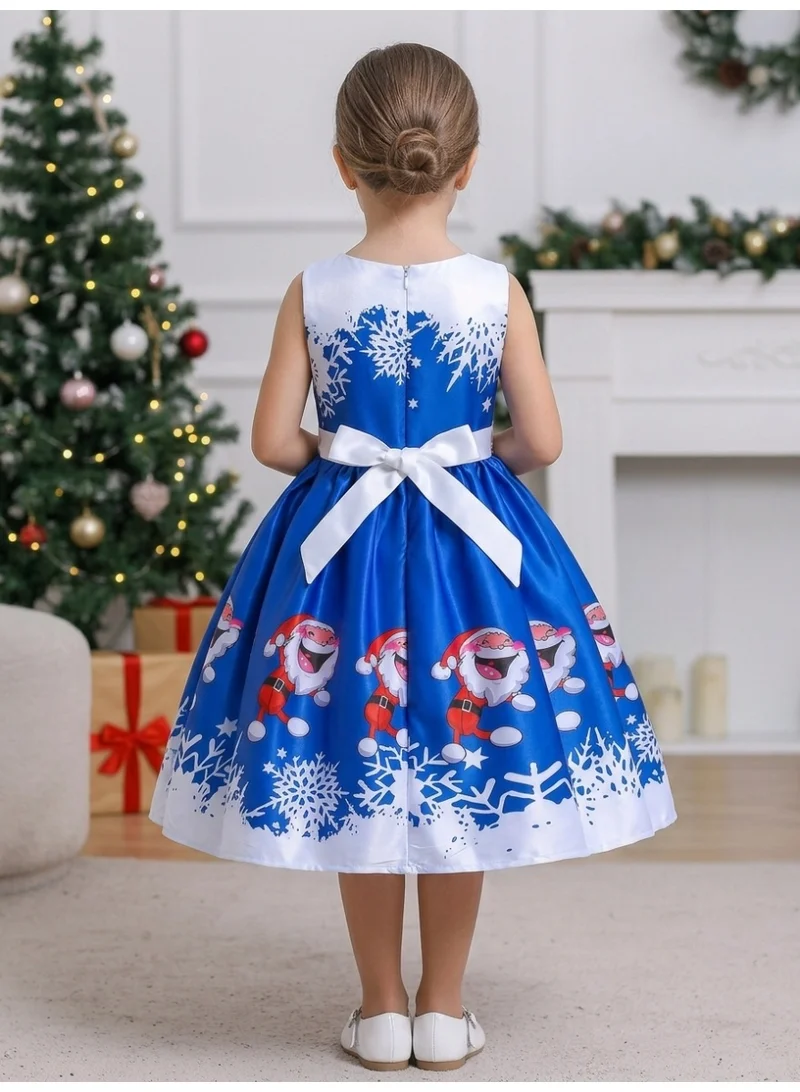 D'daniela Blue Christmas Printed Santa dress knee length