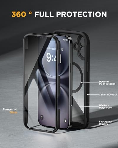 Miracase for iPhone 16 Case 6.1'', Full-Body Bumper Phone case with Built-in Full Glass Screen &Camera Control,No Gap,Compatible with MagSafe,Drop Proof 16 Cover,Black - Image 3