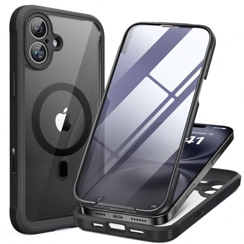 Miracase for iPhone 16 Case 6.1'', Full-Body Bumper Phone case with Built-in Full Glass Screen &Camera Control,No Gap,Compatible with MagSafe,Drop Proof 16 Cover,Black - Image 1
