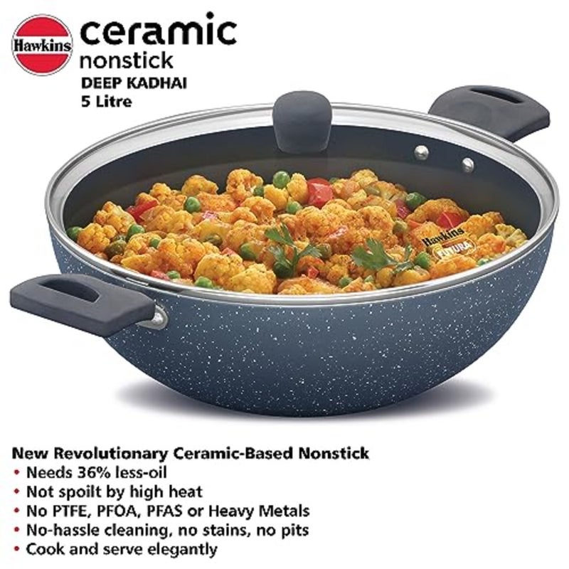 Ceramic NS Deep Kadhai W/Glass lid 5 Ltr Ind. - Image 3