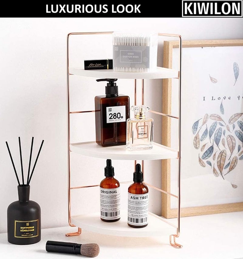 Kiwilon Metal Golden 3 Tier Bathroom Countertop Organizer, Makeup Organiser, Corner Storage Shelf, Kitchen Spice Rack Standing Shelf For Vanity Desk, Bathroom, Bedroom, Kitchen (Rose Gold) - Image 4