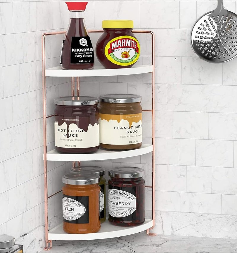 Kiwilon Metal Golden 3 Tier Bathroom Countertop Organizer, Makeup Organiser, Corner Storage Shelf, Kitchen Spice Rack Standing Shelf For Vanity Desk, Bathroom, Bedroom, Kitchen (Rose Gold) - Image 1