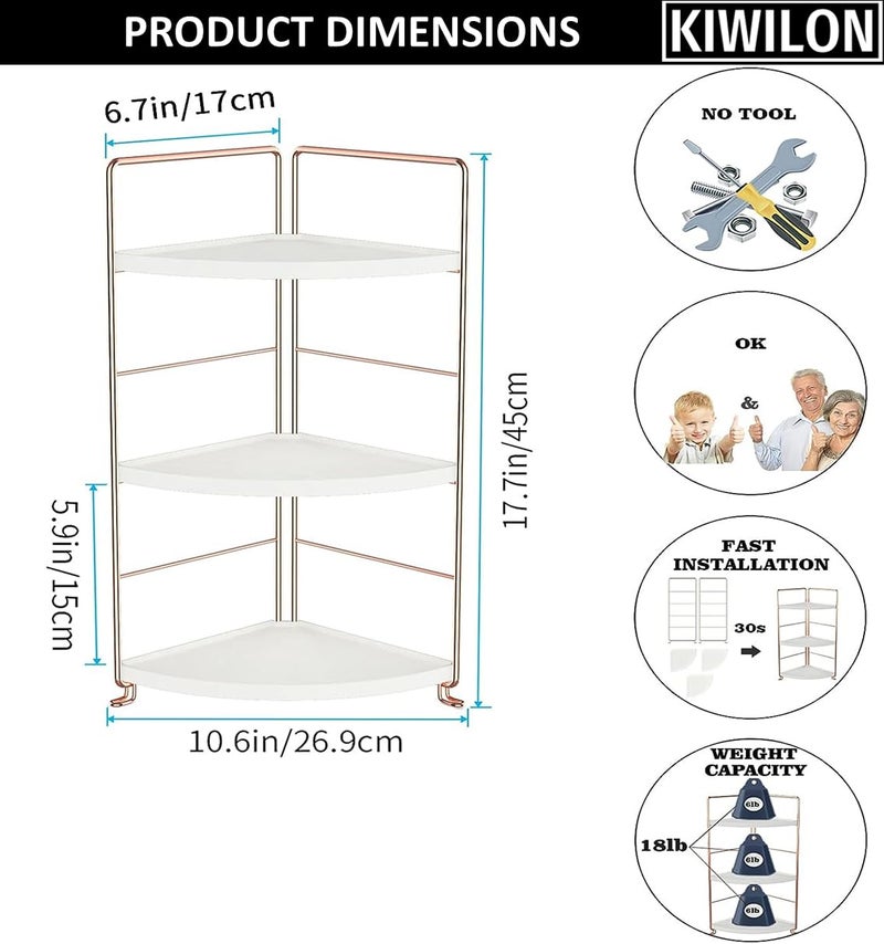 Kiwilon Metal Golden 3 Tier Bathroom Countertop Organizer, Makeup Organiser, Corner Storage Shelf, Kitchen Spice Rack Standing Shelf For Vanity Desk, Bathroom, Bedroom, Kitchen (Rose Gold) - Image 3