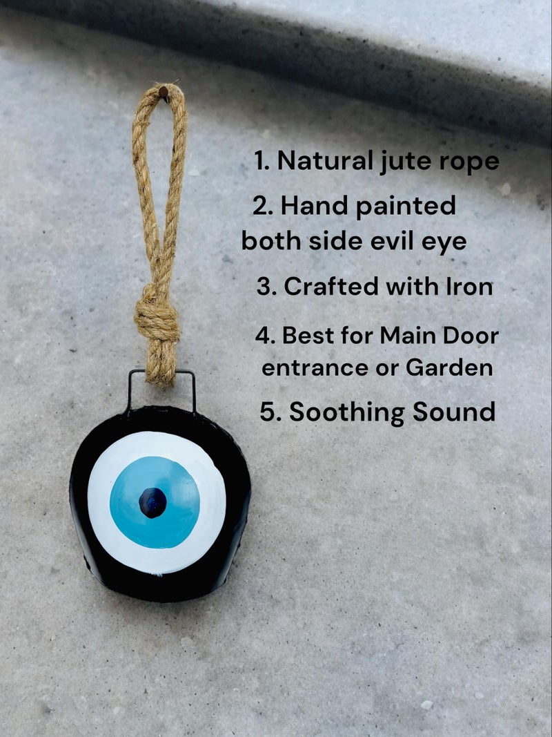 WARMINGO DE Evil Eye Bell Wall Hanging Hand Painted | Feng Shui Vastu Bell for Main Door Entrance | Turkish Evil Eye Hanging for Good Luck & Prosperity | Home, Office, Gifting (5 inch) - Image 3
