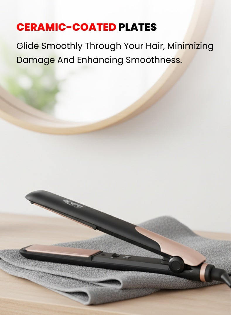 Ogera Hair Straightener – 35W Power, PTC Fast Heating, Ceramic-Coated Plates, Compact & Lightweight Design, Anti-Frizz Smooth Styling for All Hair Types – Model OG2302HST, Black & Rose Gold - Image 4