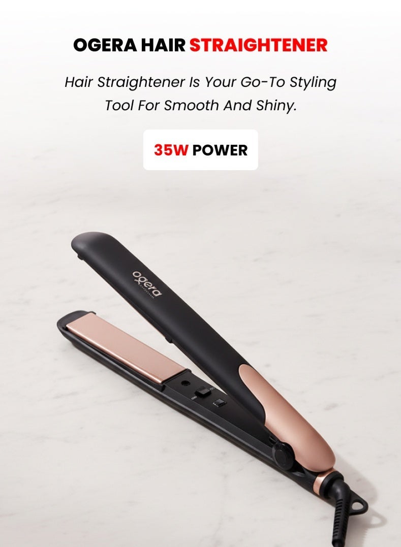 Ogera Hair Straightener – 35W Power, PTC Fast Heating, Ceramic-Coated Plates, Compact & Lightweight Design, Anti-Frizz Smooth Styling for All Hair Types – Model OG2302HST, Black & Rose Gold - Image 1