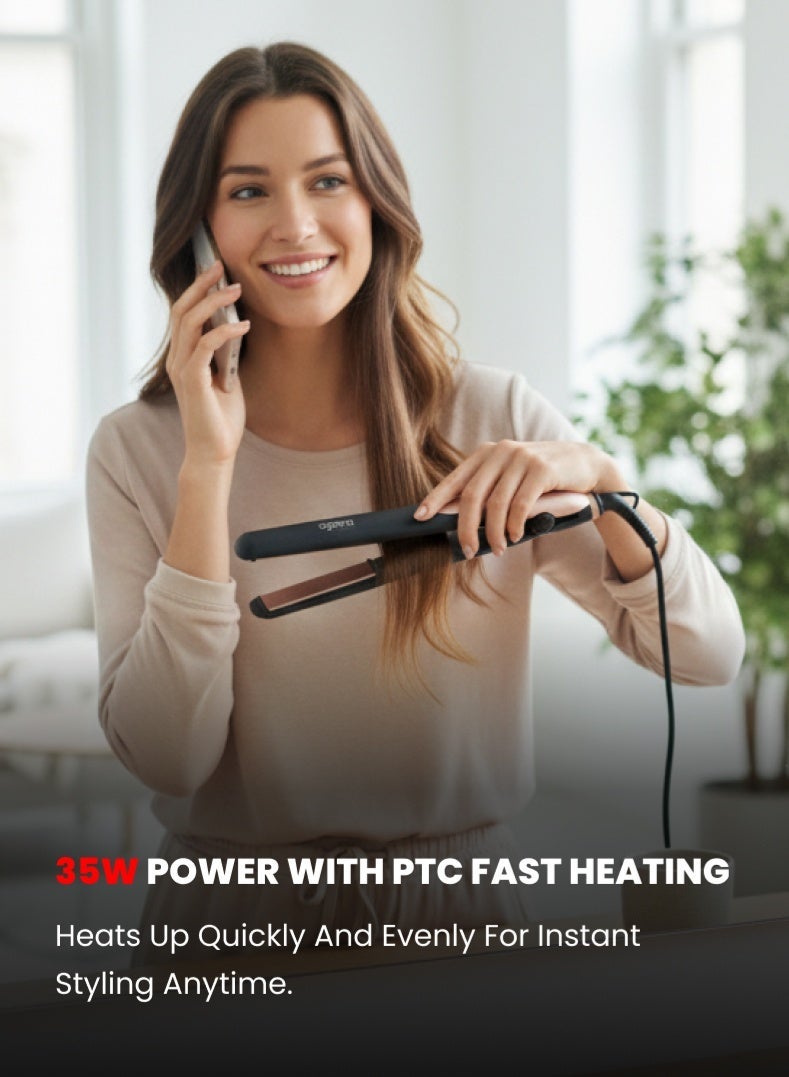 Ogera Hair Straightener – 35W Power, PTC Fast Heating, Ceramic-Coated Plates, Compact & Lightweight Design, Anti-Frizz Smooth Styling for All Hair Types – Model OG2302HST, Black & Rose Gold - Image 2