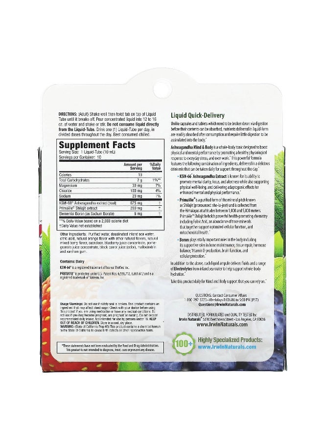 Irwin Naturals, Ashwagandha Mind & Body, Berry-Citrus, 10 Liquid-Tubes, 3.38 fl oz (100 ml) (Packaging may vary) - Image 2