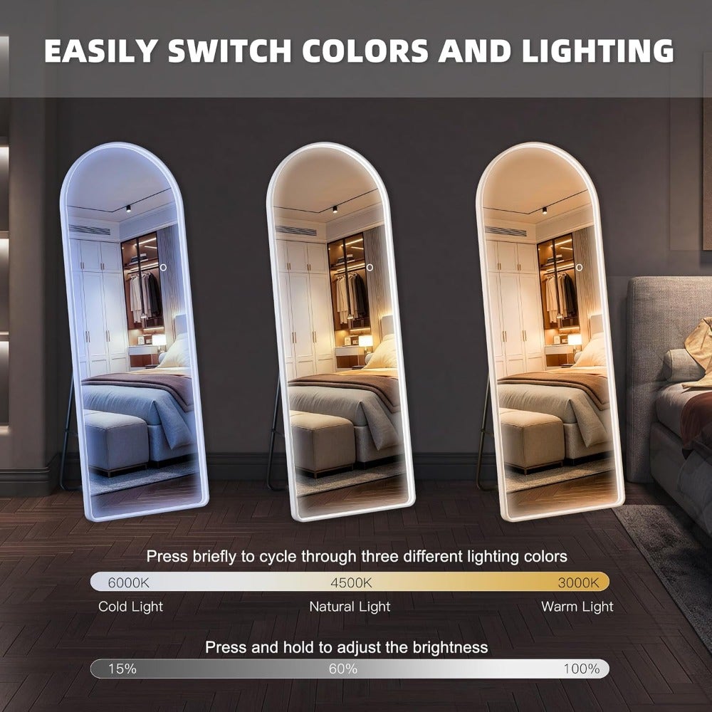Arched Full Length Mirror with Lights, 140x40cm LED Lighted Floor Standing Mirror 3 Color Lighting, Full Body Dressing Hanging Mounted Mirrors, Dimmable, Tempered Glass
