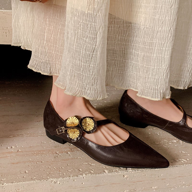 French Style Evening Shoes Sheepskin Maillard Pointed Flat Low-Cut Gold Duckweed Mary Jane Shoes - Image 1