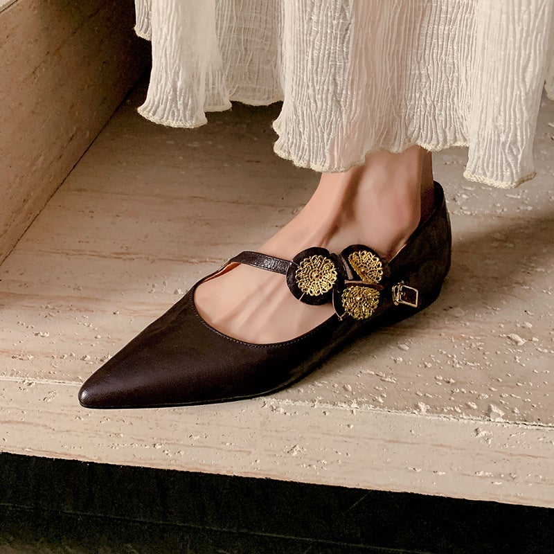 French Style Evening Shoes Sheepskin Maillard Pointed Flat Low-Cut Gold Duckweed Mary Jane Shoes - Image 2