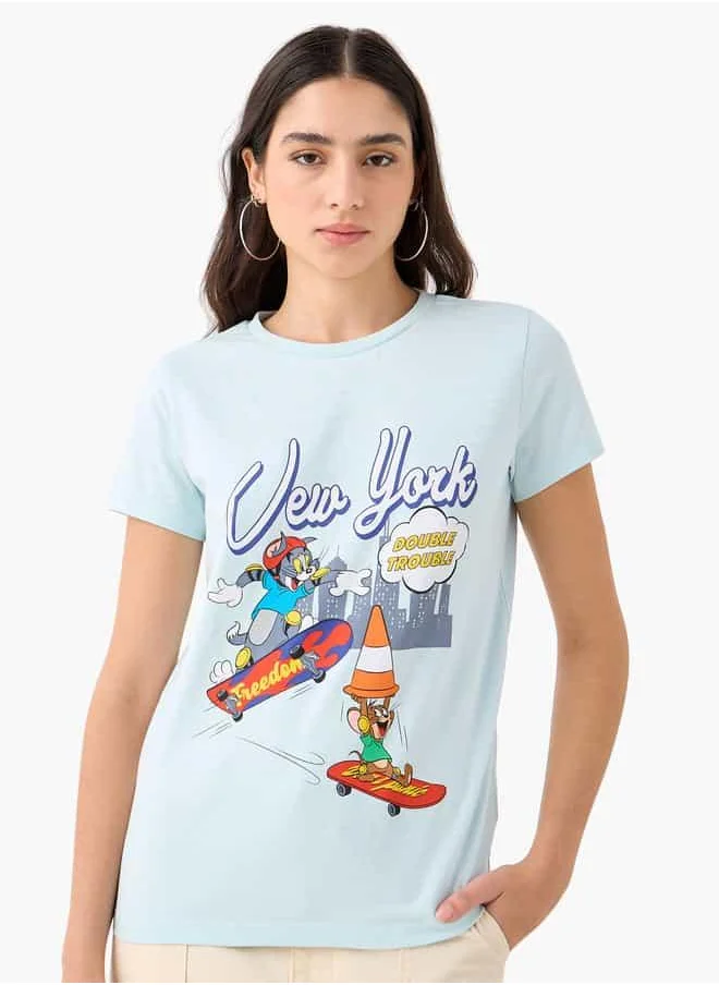 اس بي كاركترز Tom and Jerry Print T-shirt with Crew Neck and Short Sleeves