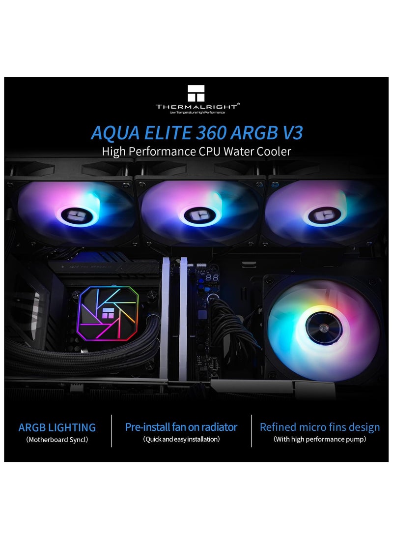 ثيرمالرايت ثيرمال رايت مبرد مياه اكوا ايليت 360 V3 Aio، مبرد سائل 360 درجة، مروحة تبريد ARGB PWM لانتل LGA1150/1151/1155/1156/1200/2011/1700، AMD: AM4/AM5، مبرد كمبيوتر ايه اي  - Image 2