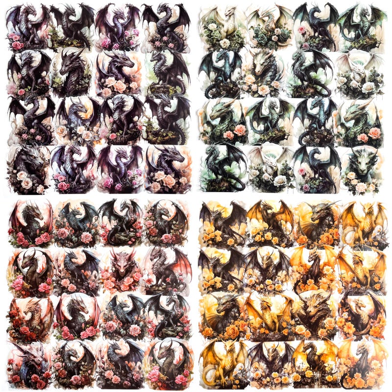 Yoksas Vintage Gothic Fantasy Cryptid Wings Dragon Stickers 80 Pcs Large Medieval Dark Gothic Rose Dragon Decals for Scrapbooking Journals Crafting Decor