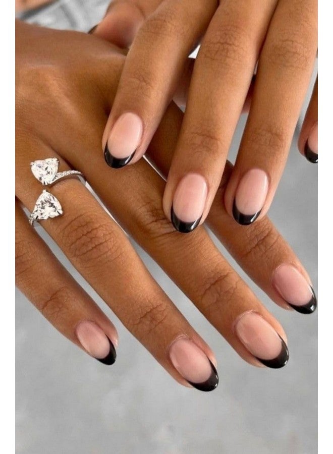 KLOSS BEAUTY Black French Short Oval Press On Nails Artificial Nails, Reusable Fake Nails, Set Of 22 False Nails Universally Sized Nail Extensions For Women, Longlasting Fake Nails With Glue - Image 1