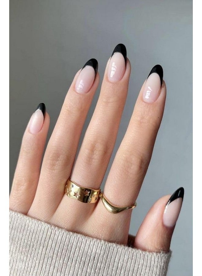 KLOSS BEAUTY Black French Short Oval Press On Nails Artificial Nails, Reusable Fake Nails, Set Of 22 False Nails Universally Sized Nail Extensions For Women, Longlasting Fake Nails With Glue - Image 3