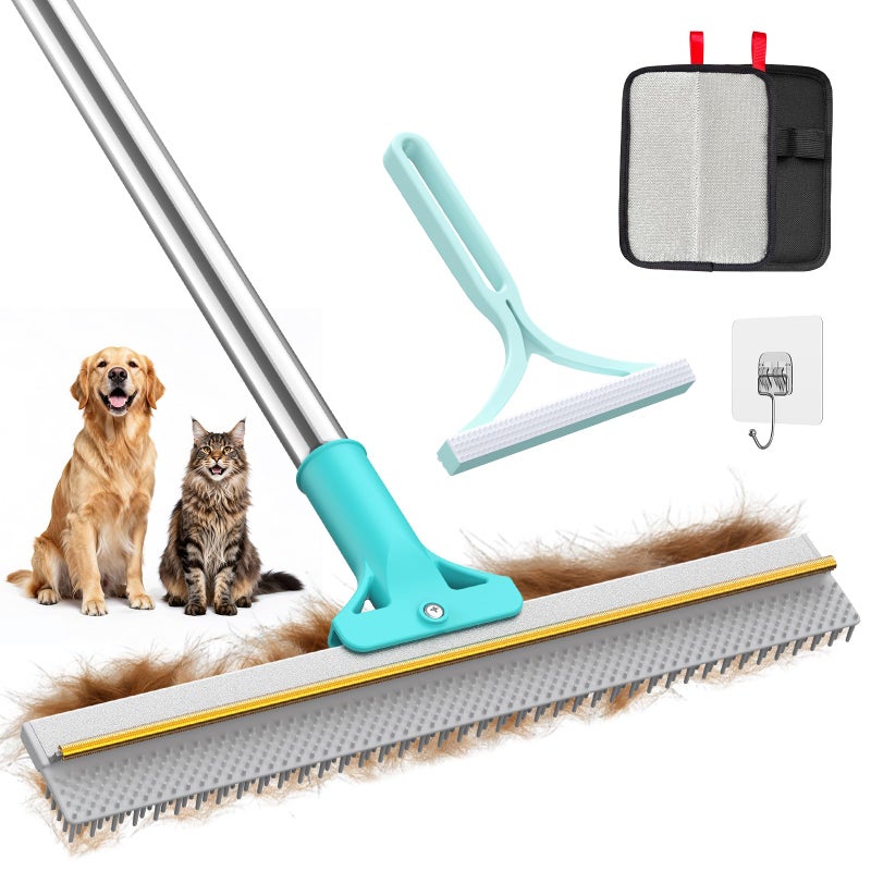 TIKIWIK Carpet Rake for Pet Hair Removal, Reusable Carpet Rake, Pet Hair Removal Broom with Extra-Long Thickened Brush, 54" Adjustable Handle, 3 Pcs Pet Hair Removal Tool for Carpet, Sofa & Stairs - Image 1