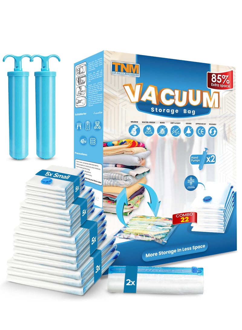 تنم أكياس تخزين مفرغة قابلة لإعادة الاستخدام - عبوة من ٢٢ كيسًا موفرة للمساحة (٣ جامبو، ٥ كبيرة، ٥ متوسطة، ٥ صغيرة، ٢ حقيبة سفر قابلة لللف) مع مضختين يدويتين | أكياس ضغط للملابس | حقائب تخزين للسفر | أكياس تفريغ | حقيبة تخزين قابلة لإعادة الاستخدام - Image 1
