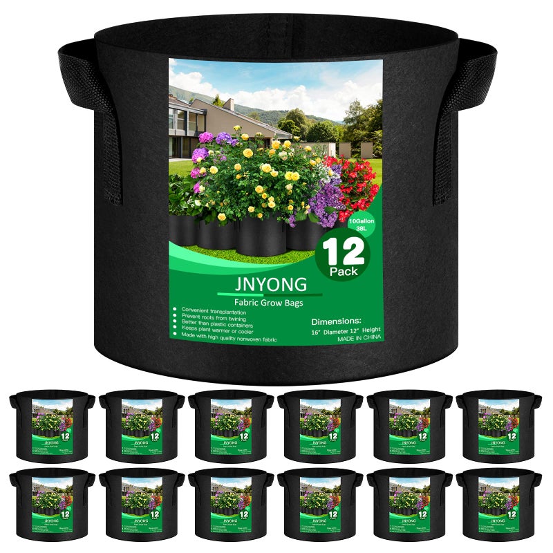 JNYONG 12-Pack 10 Gallon Thickened Non-Woven Grow Bags, Aeration Fabric Pots with Handles - Image 1