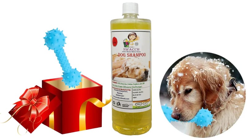 swacch Dog Shampoo + Dumbbell Toy I Durable Rubber Dog Toy for Chewing I Playing,Teeth Cleaning & Training Toy I Combo Pack I 1 Litre Lemon - Image 1