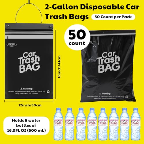 Tidyphil 50 Bags Tidyphil Hanging Car Trash Bags Disposable, Leak-proof, Odor Seal. 2 Gallon Car Garbage Bags. Alternative to Car Trash Can, Easy Stick-On Car Garbage Can for Car,SUV, Truck, Vehicle, Stroller. - Image 2