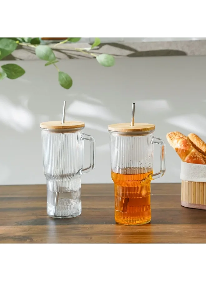 DANUBE HOME Danube Home Danube Essential 2 -Piece Glass Handled Mug With Bamboo Lid,1000Ml | Glass,Wood Mug | Coffee Mug For Home Kitchen Dining - Clear