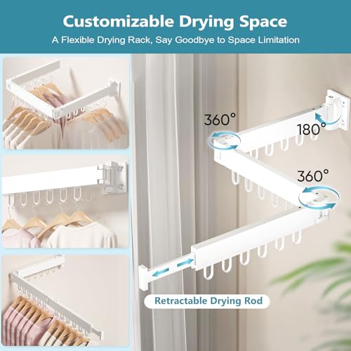 JAUREE Clothes Drying Rack Wall Mounted, Laundry Drying Rack Collapsible, Space Saving Wall Drying Rack Clothing Foldable, Tri-Fold Retractable Rack Outdoor Indoor with 18 Hooks, White - Image 5